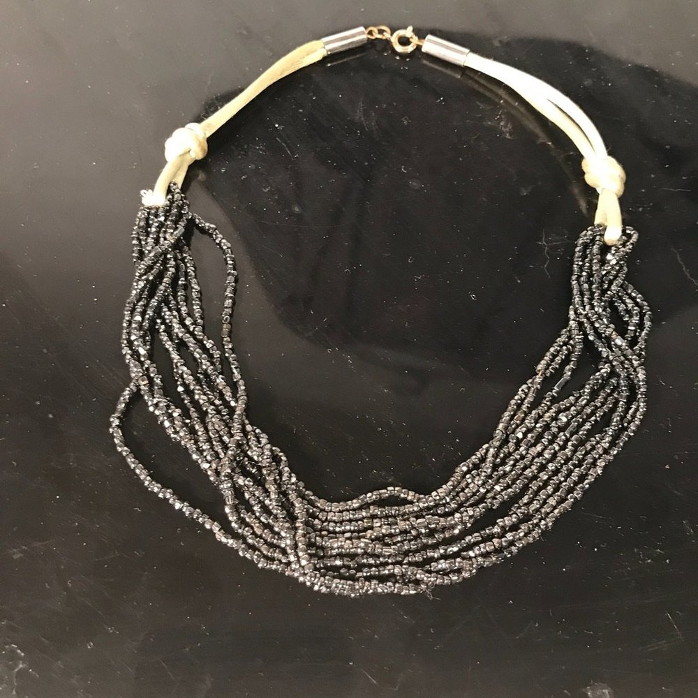 Vintage Silk Hematite Choker Beaded Necklace 9 Strand Formal Evening - Picture 2 of 5